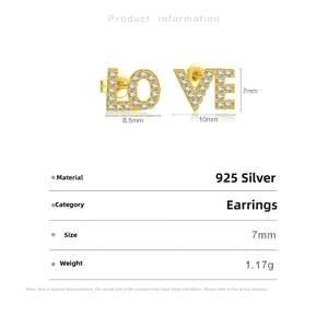 Detail view of S925 silver LOVE stud earrings with dimensions and pave zircon stones