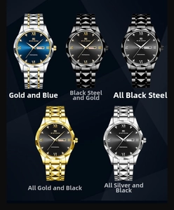 Detailed grid view showcasing five luxury stainless steel quartz watches in varied finishes