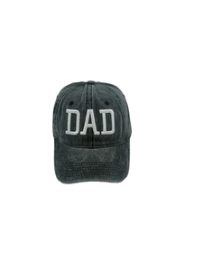 Detailed view of white 3D DAD embroidery on washed dark grey cotton baseball cap