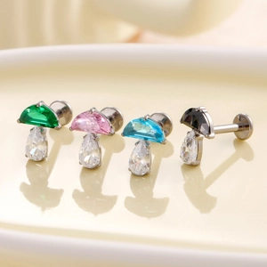 Set of 4 mushroom-shaped F136 titanium cartilage studs with teardrop-shaped zircons
