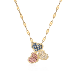 18K gold plated necklace featuring colorful heart pendants with blue and pink zircons