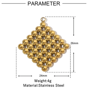 Detailed product dimensions for the gold stainless steel rhombus bead pendant