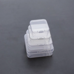 Stack of four transparent square plastic storage boxes in various sizes for DIY stationery