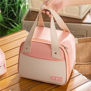 Trapezoidal insulated lunch bag in pink and beige canvas with sturdy handles