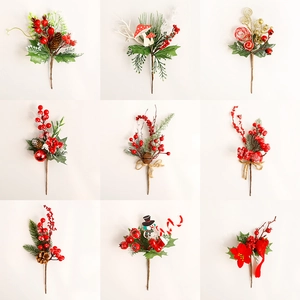 Variety of Christmas artificial berry picks with pine cones for tree and wreath decoration