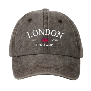 Vintage dark grey washed cotton baseball cap with London England embroidery and Union Jack flag