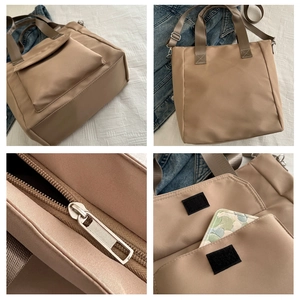 Detail shots of khaki nylon tote bag showing smooth zippers and velcro front pocket closure