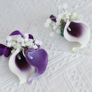 Handmade purple Calla Lily corsage with baby's breath and silk ribbon for weddings
