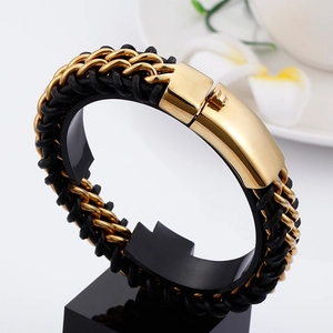 Men Woven Leather Bracelet Stainless Steel Double Row Chain Hip Hop Fashion Jewelry For Gift