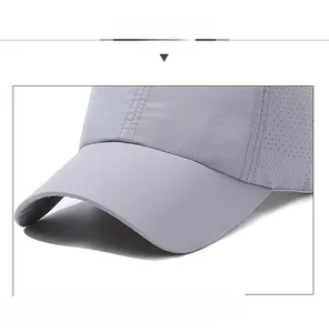 Detail of breathable laser-cut holes and fine stitching on a grey quick-dry baseball cap