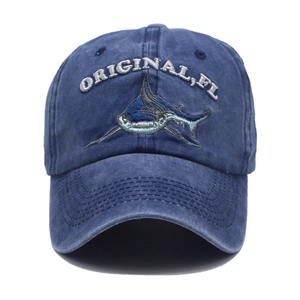 Front view of navy washed cotton baseball cap with blue shark and Original FL embroidery