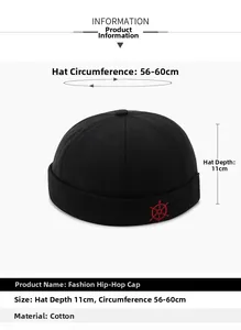 Size specifications for black cotton docker hat with red rudder embroidery detail
