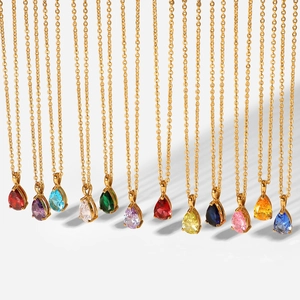 Water Drop Pendant Necklace 18K Gold Plated Stainless Steel Birthstone Cubic Zirconia Elegant Jewelry For Women