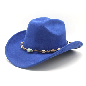 Detailed view of blue faux suede cowboy hat featuring ethnic shell and turquoise bead band