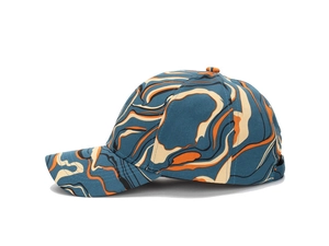 Side view of baseball cap featuring colorful marble pattern and curved brim detail