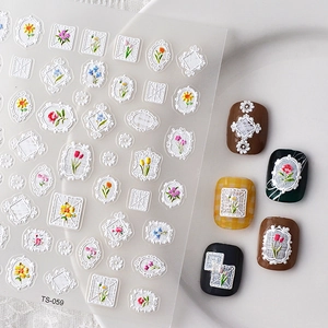 5D embossed floral nail stickers with miniature flower frames for elegant bridal manicure