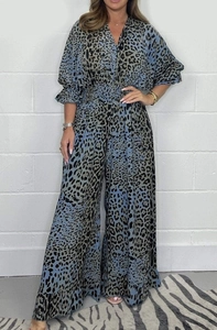 Chic blue leopard print jumpsuit with wide-leg pants and long sleeves for women