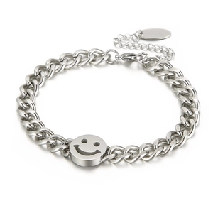 Smile Face Round Charm Bracelet Stainless Steel Cuban Link Chain Adjustable Retro Punk Jewelry For Men Women