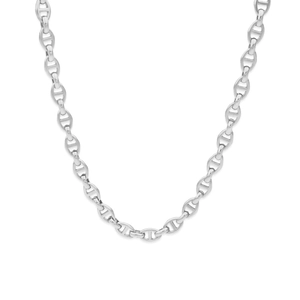 Detailed view of silver stainless steel mariner link chain with high polish finish