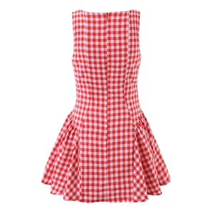 Back view of a red and white gingham sleeveless dress with back zipper and flared skirt