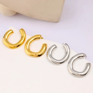 Polished 18K gold and silver chunky C-shaped stainless steel hoop earrings set