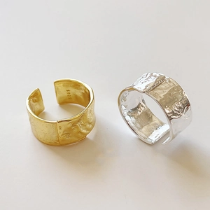 S925 sterling silver minimalist irregular hammered wide open rings in gold and silver