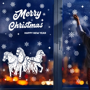 Christmas window static stickers with white horse designs and glowing snowflakes decor