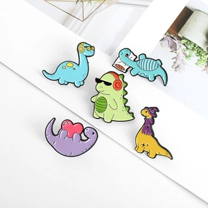 5-piece cartoon dinosaur enamel pin set featuring cool sunglasses and headphones