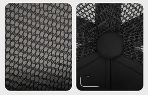 Close-up of black breathable honeycomb mesh fabric and stitched button on a baseball cap
