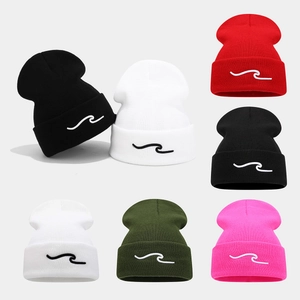Bonnet En Maille Acrylique Chaud À Revers Côtelé Casquette Broderie Vague Extérieur Hiver Mode Pour Hommes Femmes Unisexe