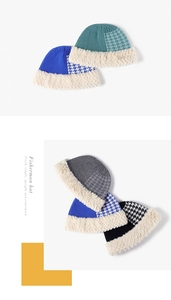 Detail showing various color options of knitted bucket hats with thick faux fur trim