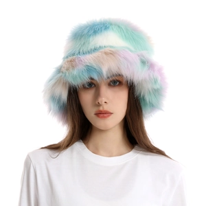 Front view of a plush rainbow faux fur bucket hat with soft pastel gradient textures