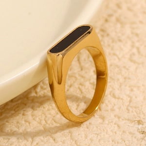 Minimalist 18K gold plated stainless steel ring with black rectangular inlay on ceramic