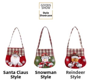 Three Christmas gift bags featuring Santa, Snowman, and Reindeer with plaid handles