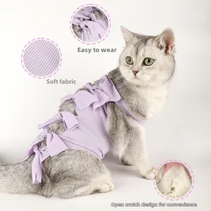 Detail of purple cat recovery suit with back ties and convenient excretion opening design