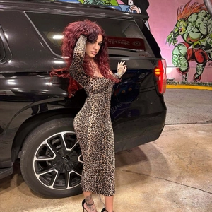Close-up of leopard print long sleeve midi dress featuring a slim fit crew neck design