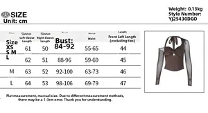 Size chart showing XS to L measurements for the off-shoulder long sleeve twist top