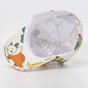 Detail of baby baseball cap interior showing smooth stitching and cute dinosaur print