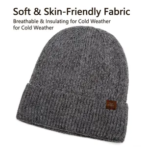 Gray knitted beanie with fleece lining and leather patch for men's winter outdoor warmth