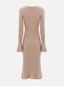 Rear view of beige ribbed knit midi dress featuring elegant bell sleeves and flared hem