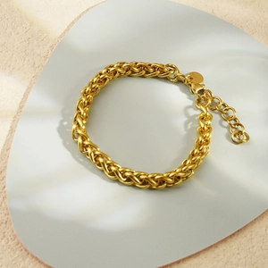 Vintage style gold plated stainless steel thick chain bracelet with adjustable charm