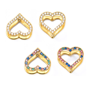 Double-sided heart stud earrings with colorful cubic zirconia in gold plating