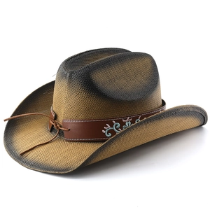 Vintage straw western cowboy hat with embroidered band and retro gradient brim detail
