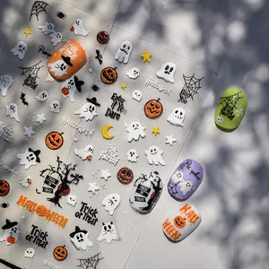Stickers ongles 3D Halloween avec motifs fantômes, citrouilles et toiles d'araignée art