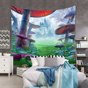 Detail view of fantasy mushroom tapestry with magical castle on modern bedroom wall