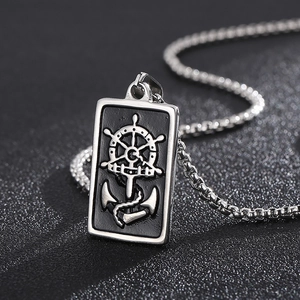 Collier Pendentif Ancre Gouvernail Nautique Acier Inoxydable Noir Huile Goutte Étiquette Militaire Bijoux Hip Hop Homme