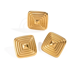 Three minimalist gold square earrings with concentric geometric textures on a white background