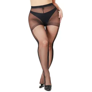Sheer black tights with vertical side shadow lines for a slimming effect on legs