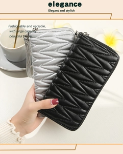Close-up of elegant quilted texture on black and silver leather long zipper wallets