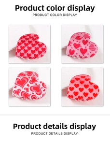 Detail showing four styles of heart-patterned hair claws in pink and red tones